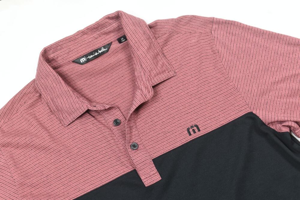 Travis Mathew Polo Shirt Mens Medium Red Black Striped Short Sleeve Stretch Golf